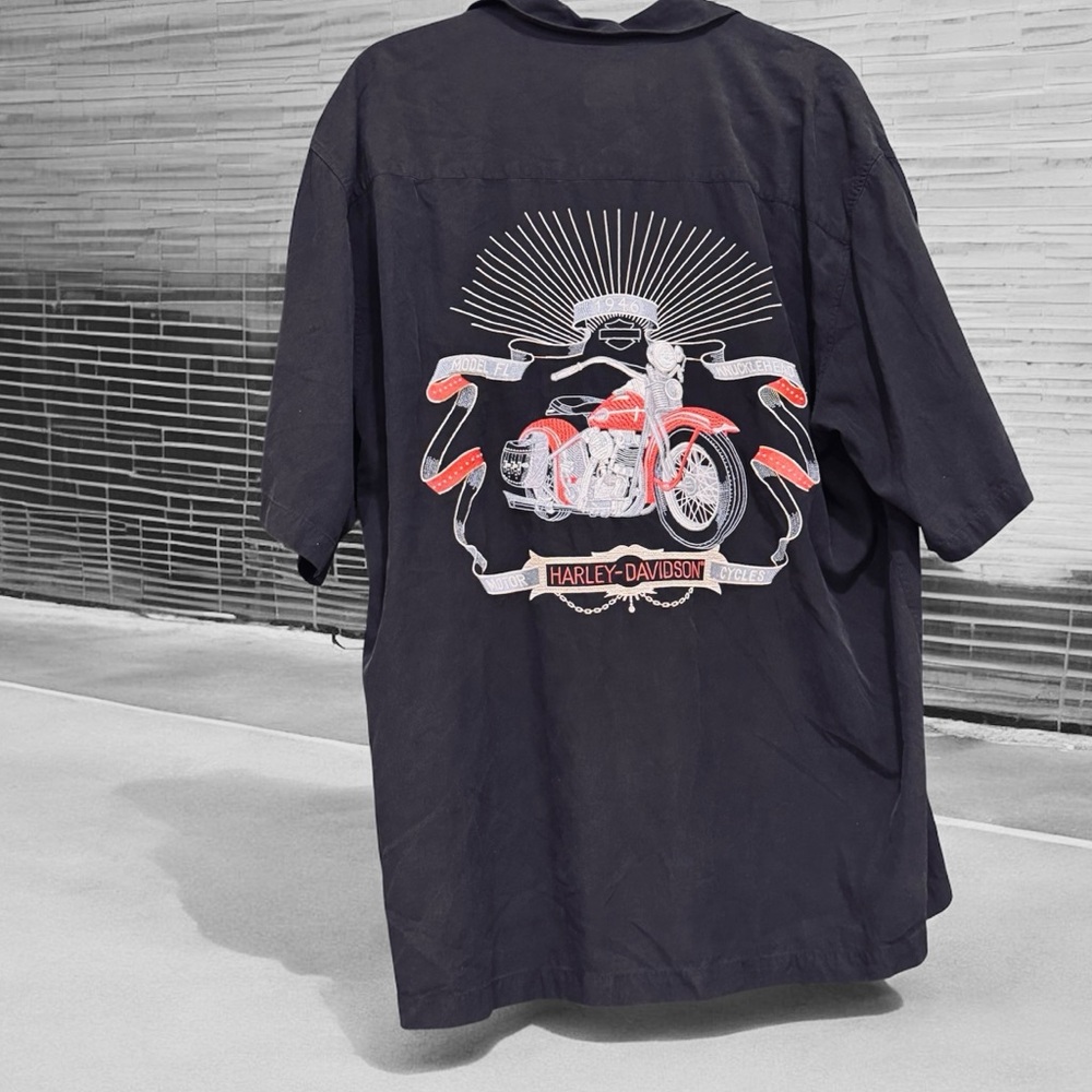 Harley-Davidson Black Silk Blend Button Down Shirt Biker Embroidered Size XL - Picture 3 of 7